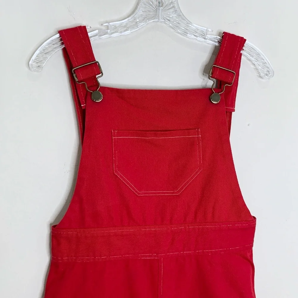 Lykke Wullf Anita Overall Mini Dress (Sz M) A-Line Patch Pocket Red Twill Cotton - Picture 6 of 16